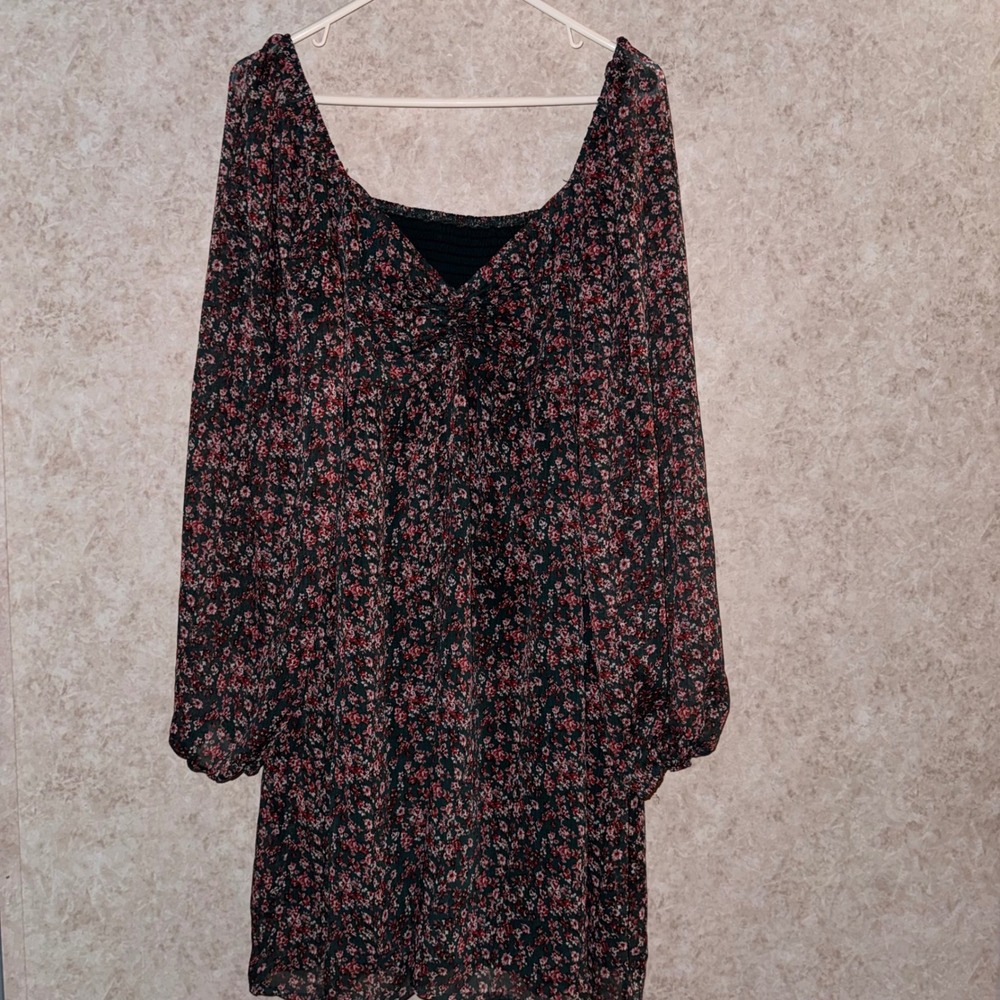 Dark Green Floral Ruched Bust Mini Dress Long Balloon Sleeve Square Neck XL